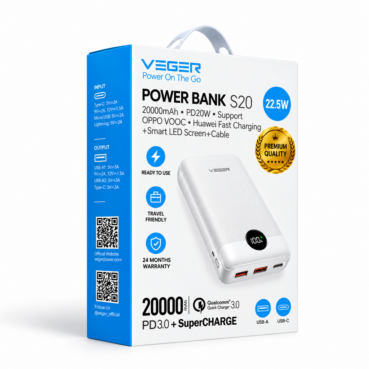 Veger W2081 S20 PD QC3.0 2A 22,5W 20000mAh Power Bank White