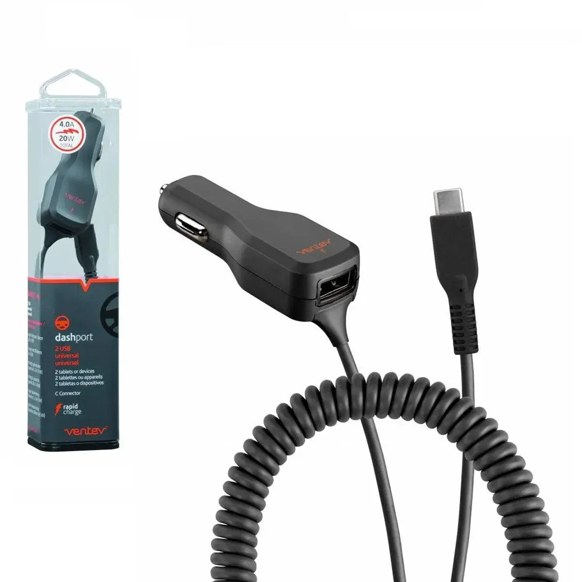 Ventev Dashport 2USB 3ft USB-A + Micro Quick Car Charger 17W/3.4A