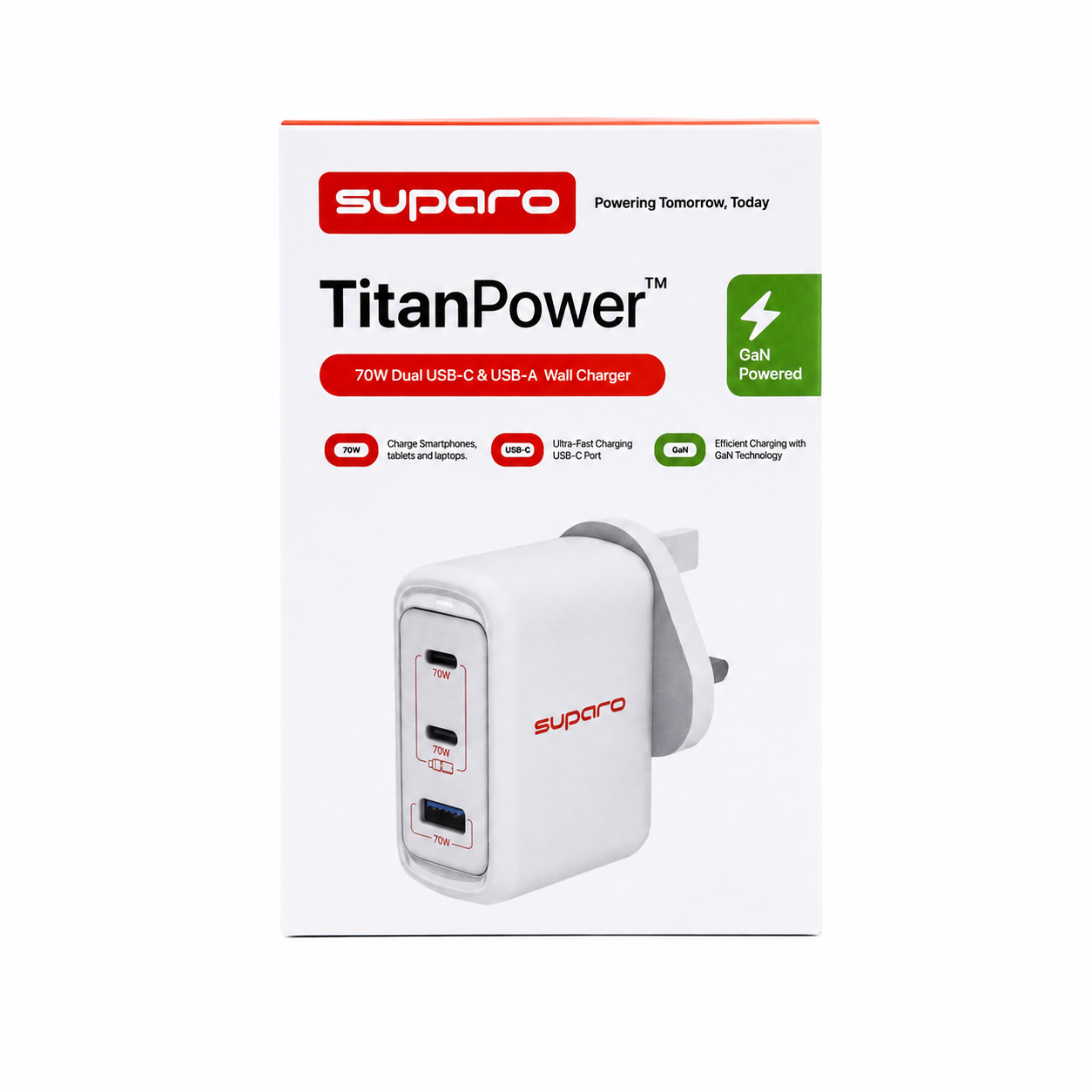 Suparo 70W GAN Dual USB-C & USB-A Charger - White