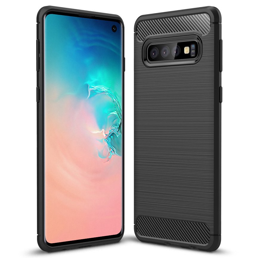 For Samsung Galaxy S10 Plus Carbon Fibre Design Case TPU Cover - Black