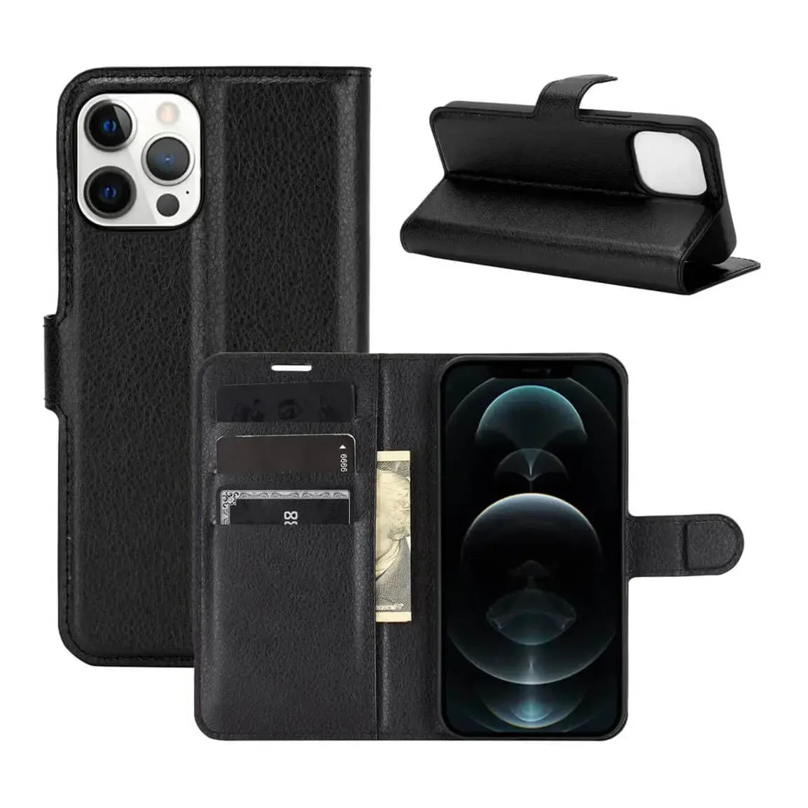 PU Leather Wallet Cover For Apple iPhone 12 Pro Max Case Holder Card Slots Black