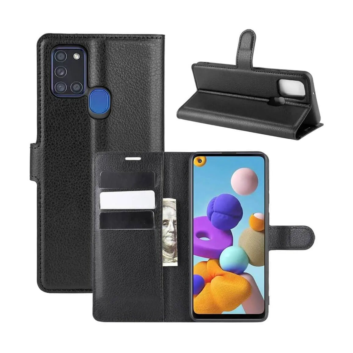 PU Leather Wallet Cover For Samsung Galaxy A21s Case Holder Card Slots Black