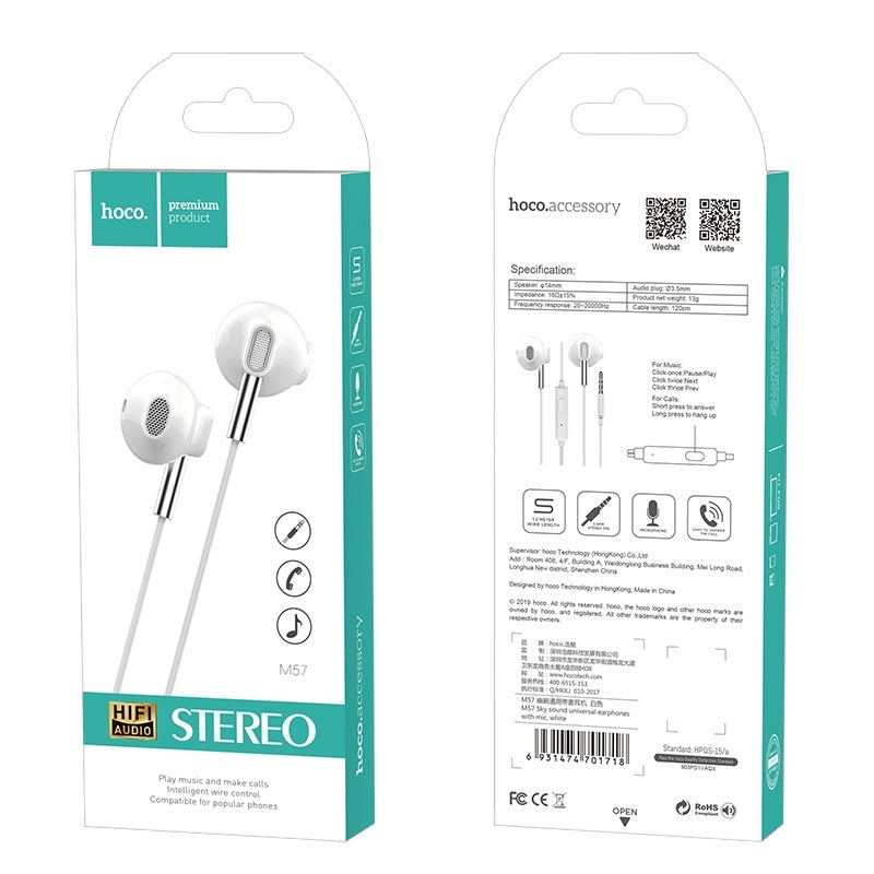 Hoco M57 Sky Sound Universal Earphone with Mic White-www.firsthelptech.ie