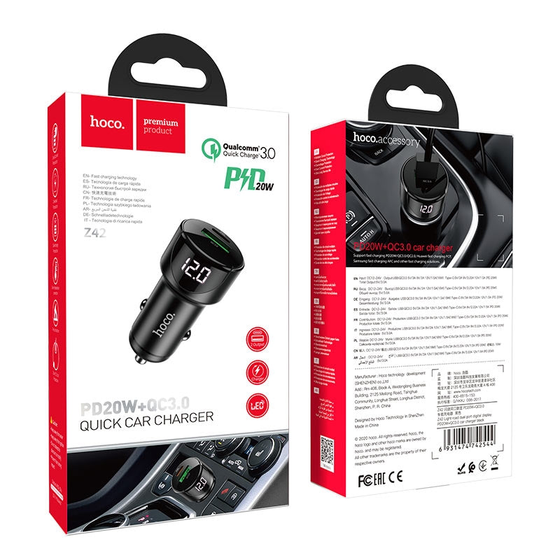 Hoco Z42 Light Road Dual Port (PD20W + QC3.0) Digital Display Car Charger Black-www.firsthelptech.ie