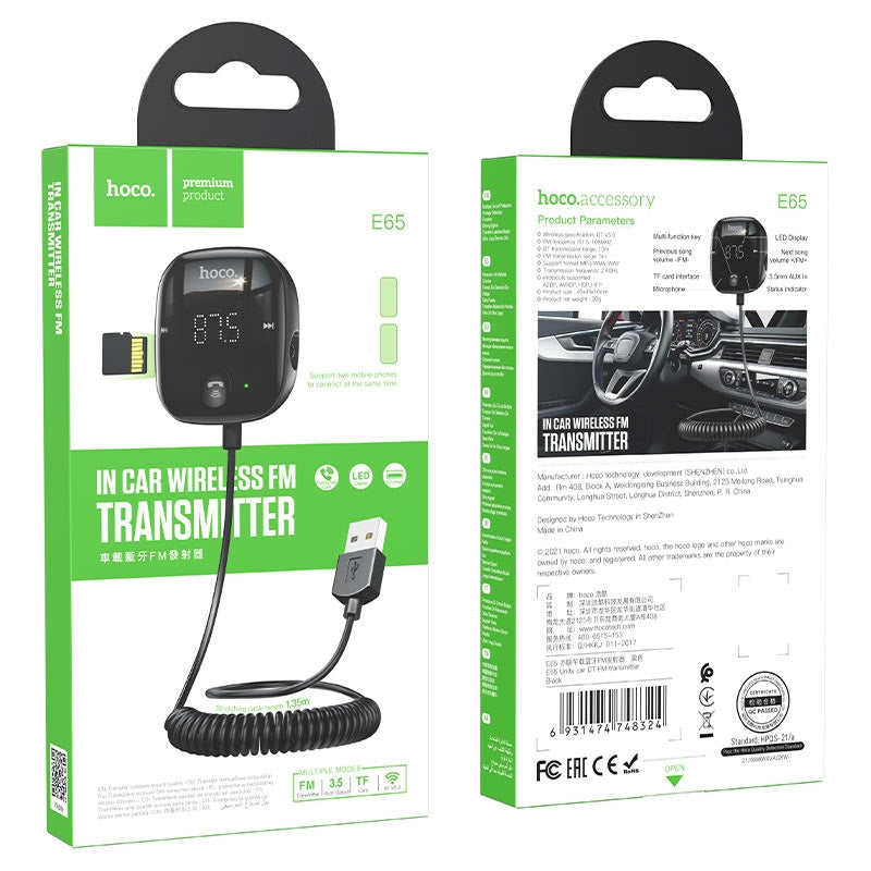 Hoco E65 USB Bluetooth FM Transmitter with AUX and TF Black-www.firsthelptech.ie