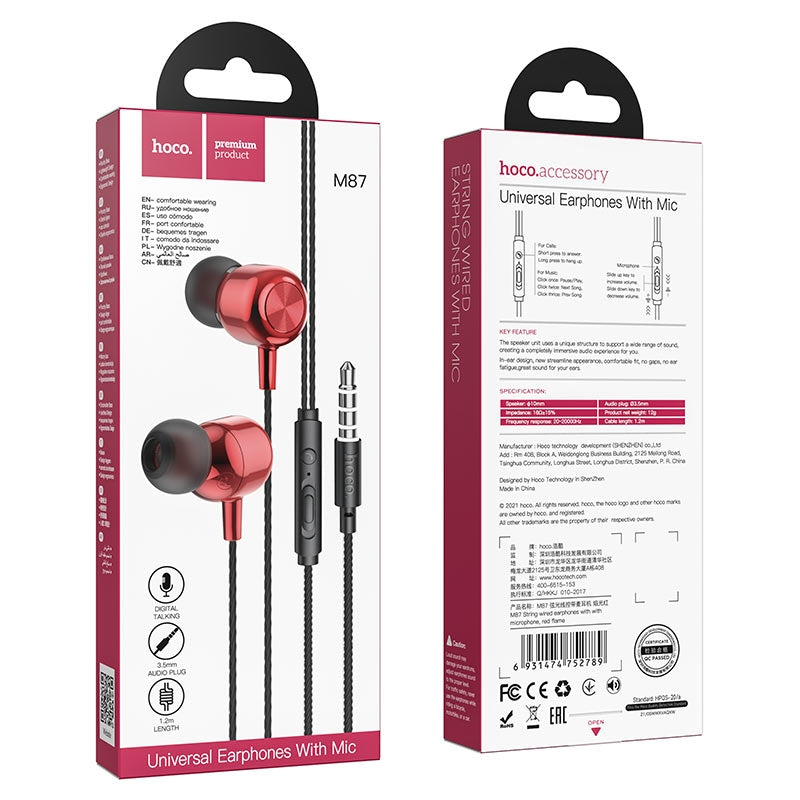 Hoco M87 String Single Button Control Universal 3.5mm Earphone With Mic Red-www.firsthelptech.ie