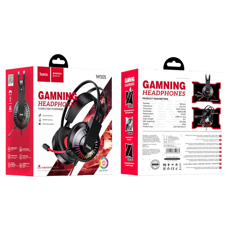 Hoco W105 Joyful LED Professional 40mm Gaming Headphones Red-www.firsthelptech.ie