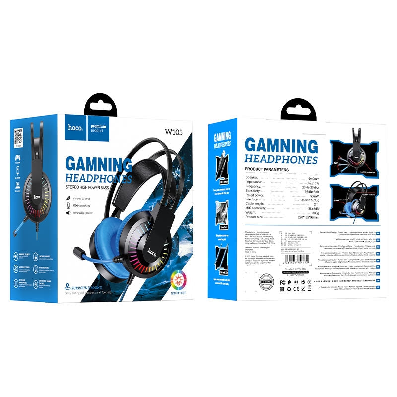 Hoco W105 Joyful LED Professional 40mm Gaming Headphones Blue-www.firsthelptech.ie