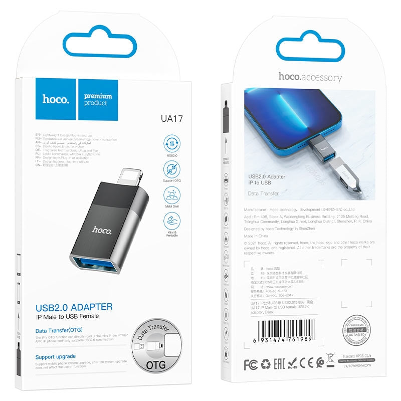 Hoco UA17 Lightning Male to USB Female USB 2.0 Adapter Black-www.firsthelptech.ie