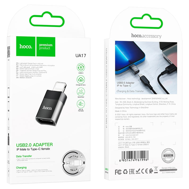 Hoco UA17 Lightning Male to Type-C Female USB 2.0 Adapter Black-www.firsthelptech.ie