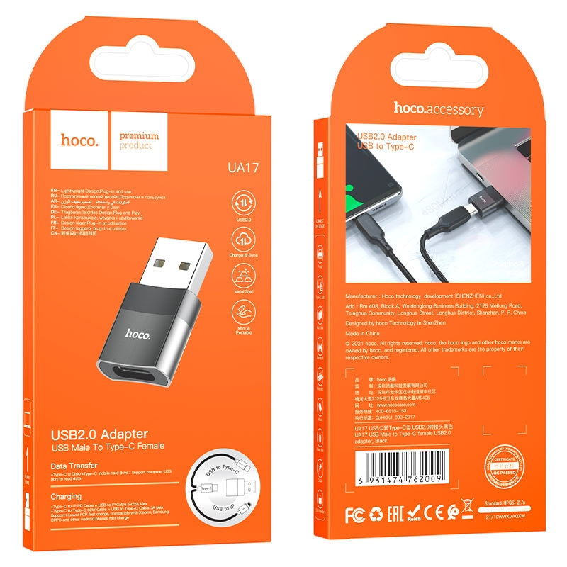 Hoco UA17 USB Male to Type-C Female Adapter Black-www.firsthelptech.ie