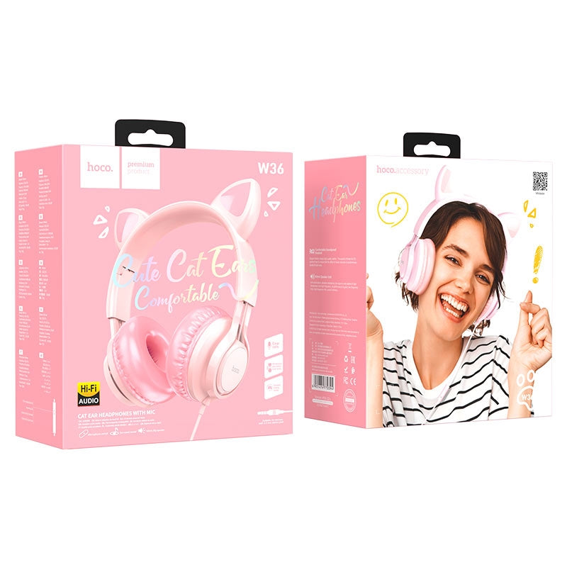 Hoco W36 Kids Edition Cat Ear Headphones With Mic Pink-www.firsthelptech.ie