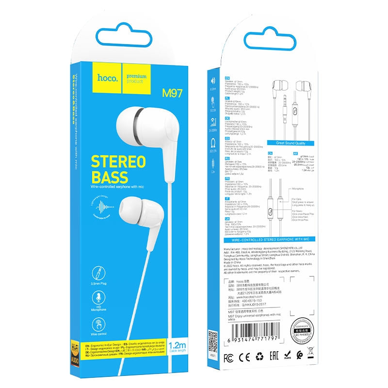 Hoco M97 Stereo Bass Universal Premium Headphones White-www.firsthelptech.ie