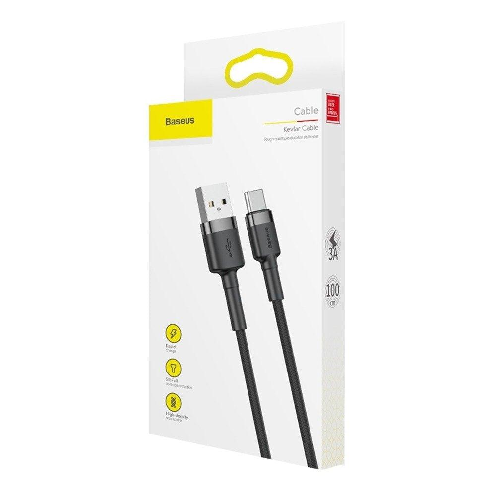 Baseus CATKLF-UG1 Cafule Braded USB To Type-C 2A Cable (L=3M) Grey+Black-www.firsthelptech.ie