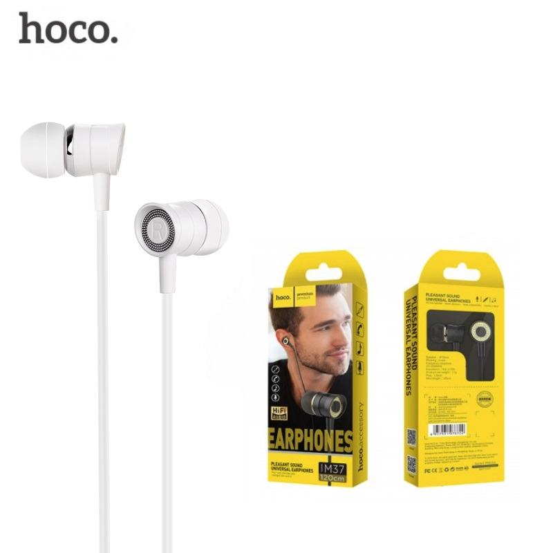 Hoco M37 Hi Fi sound Universal Wired Earphones With Microphone (White)-Earphones & Headsets-First Help Tech
