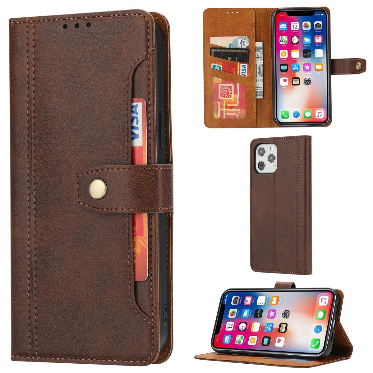 For Apple iPhone 12 Pro Max (6.7") Stitched Card Slots Premium Aokus Wallet Case Black-www.firsthelptech.ie