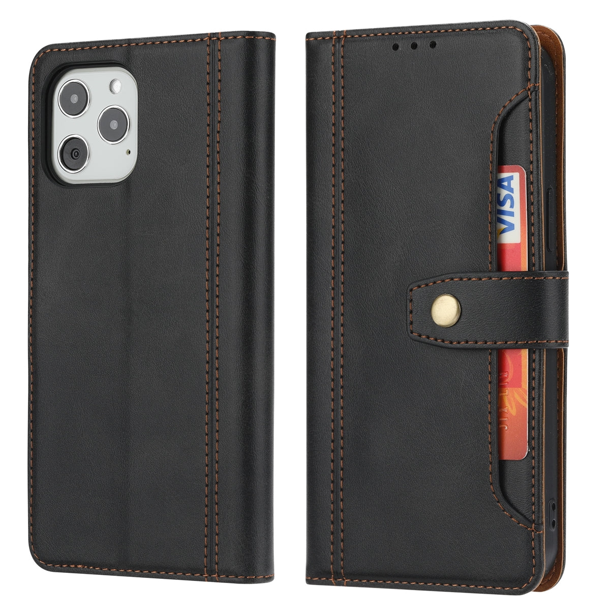 For Apple iPhone 13 (6.1'') Stitched Card Slots Premium Aokus Wallet Case Black-www.firsthelptech.ie