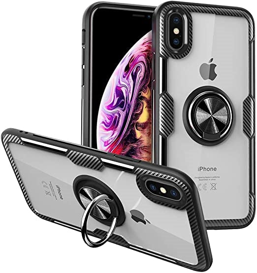 For Apple iPhone Xs Max Carbon Fiber Transparent Ring Case Black-www.firsthelptech.ie