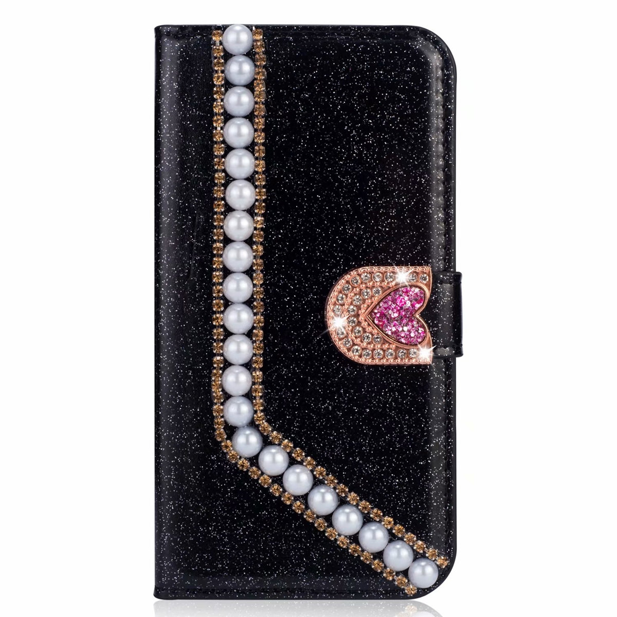 For Apple iPhone XS Max Painted Glitter Pearl Wallet Case Black-www.firsthelptech.ie