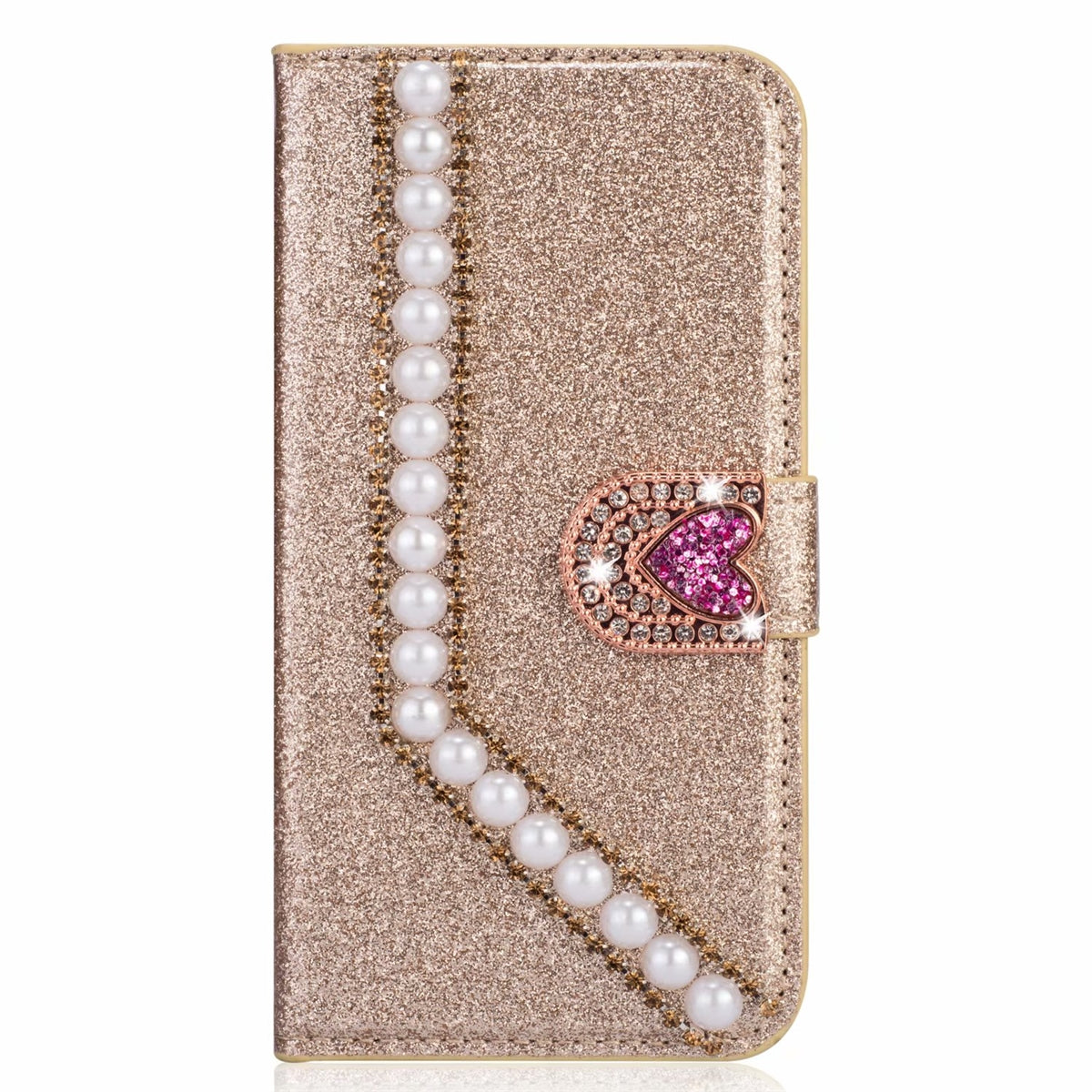 For Apple iPhone XS Max Painted Glitter Pearl Wallet Case Gold-www.firsthelptech.ie