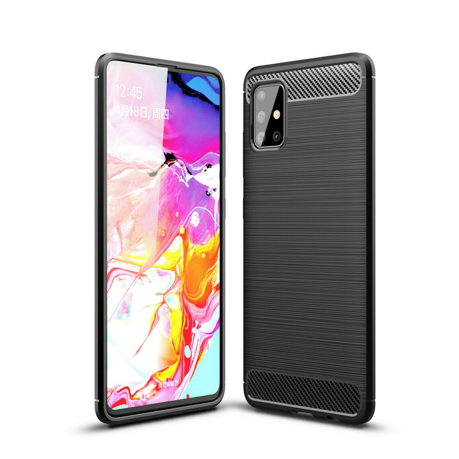 For Samsung Galaxy A51 Carbon Fibre Design Case TPU Cover - Black