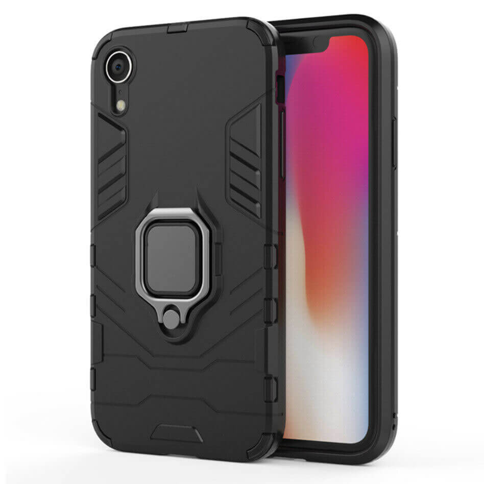 For Apple iPhone XR Luxury Armor Case Shockproof Cover Magnet Ring Holder - Black