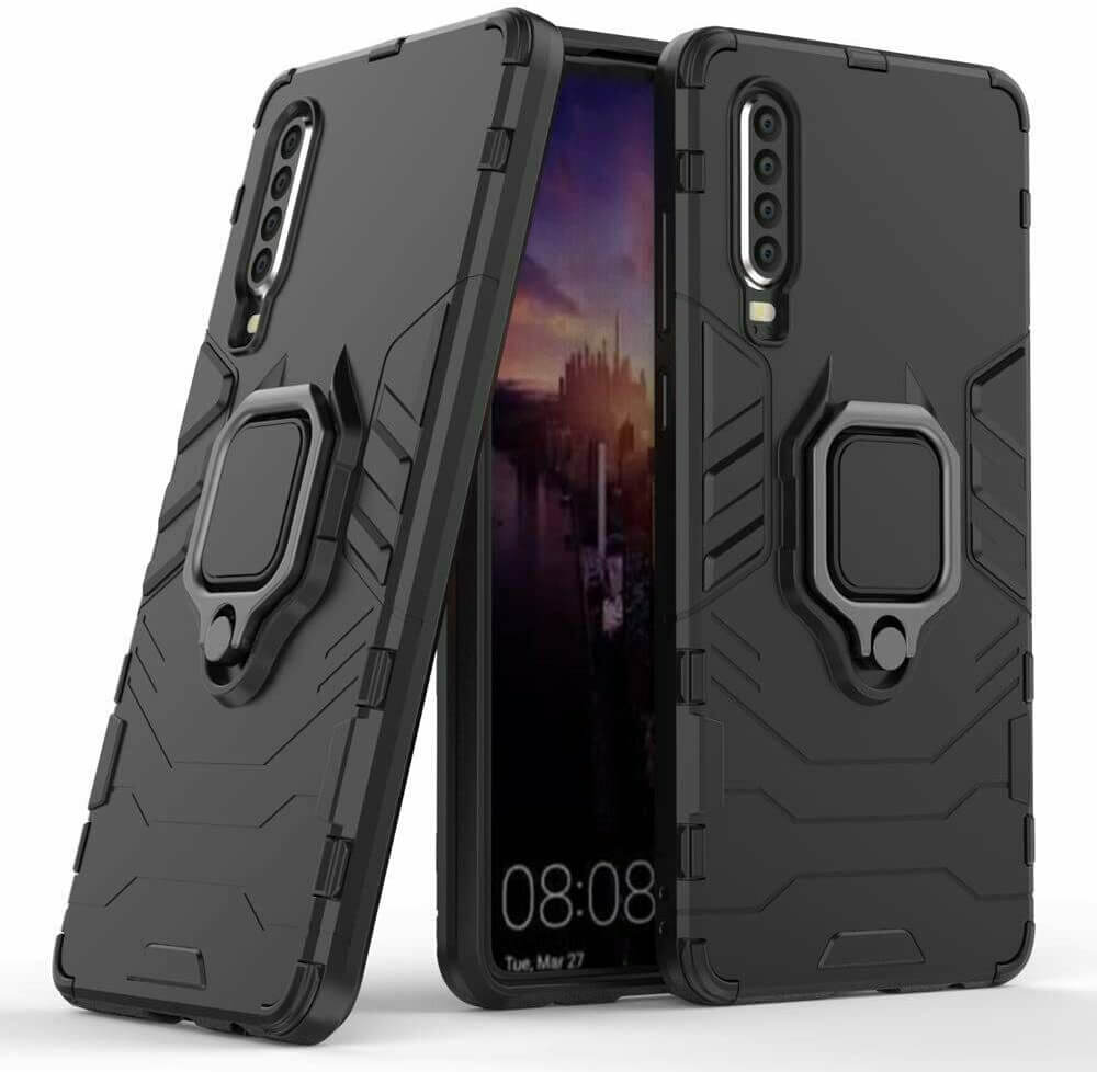 For Huawei P30 Luxury Armor Case Shockproof Cover Magnet Ring Holder - Black