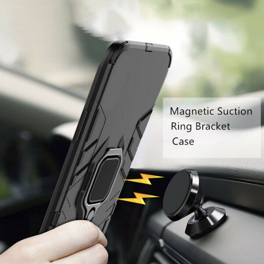 For OnePlus 7T Pro Luxury Armor Case Shockproof Cover Magnet Ring Holder - Black