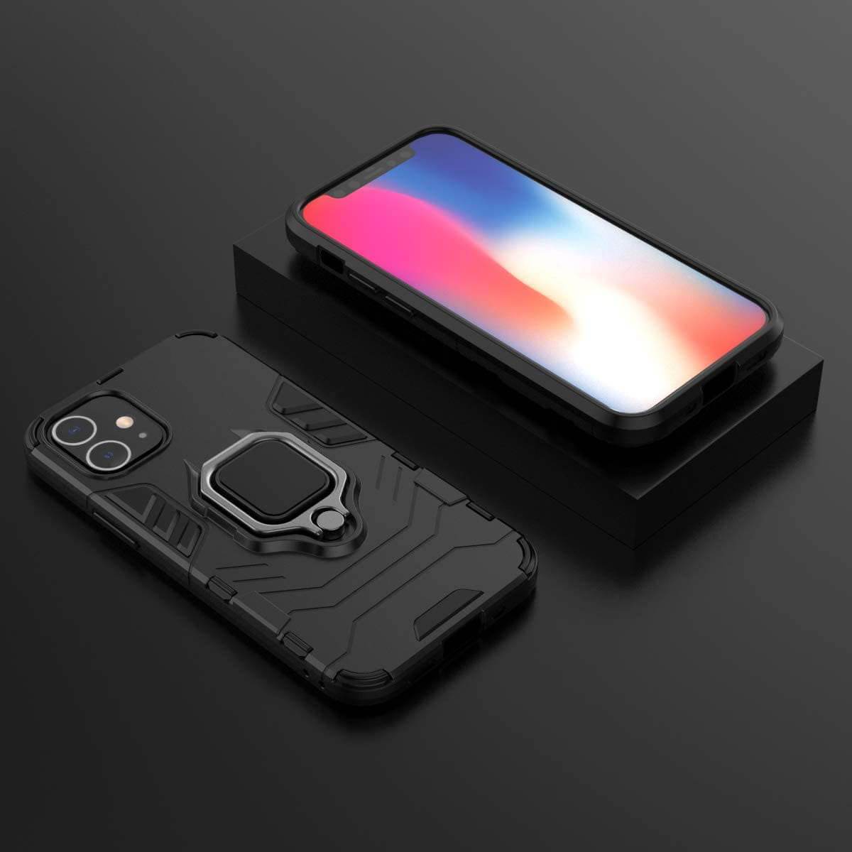 Luxury Hybrid Case For Apple iPhone 12 Mini Shockproof Cover Magnet Ring Holder - Black