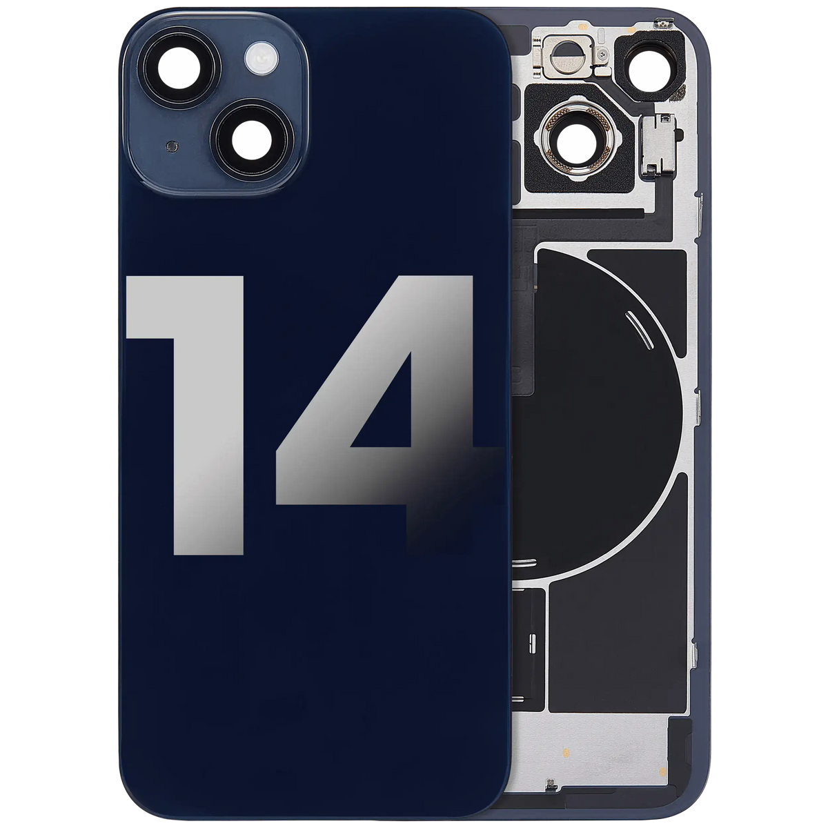For iPhone 14 Back Glass With MagSafe Magnet, NFC & Flashlight Flex Pulled - Grade B - Midnight