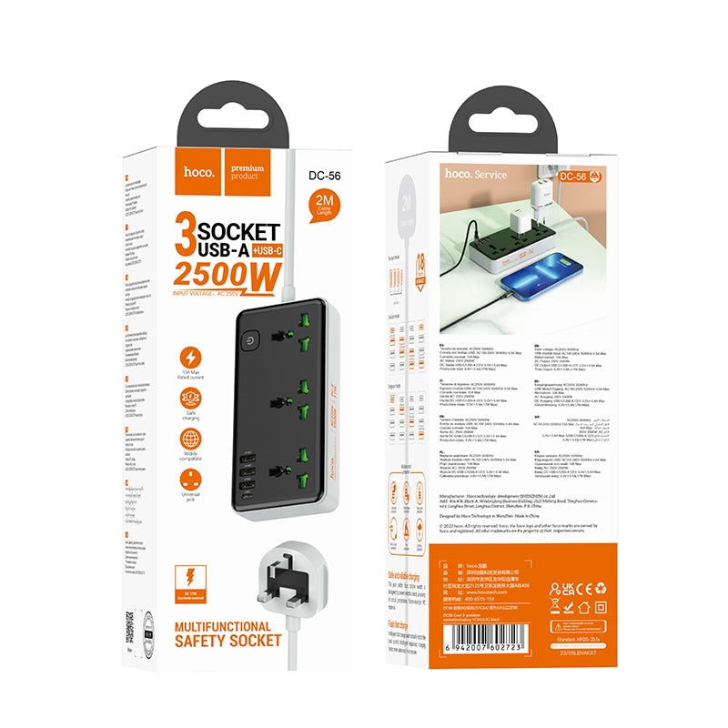 Hoco DC56 Cool (3AC+ 3 USB+ 1Type-C) Socket Extention Board (2M)