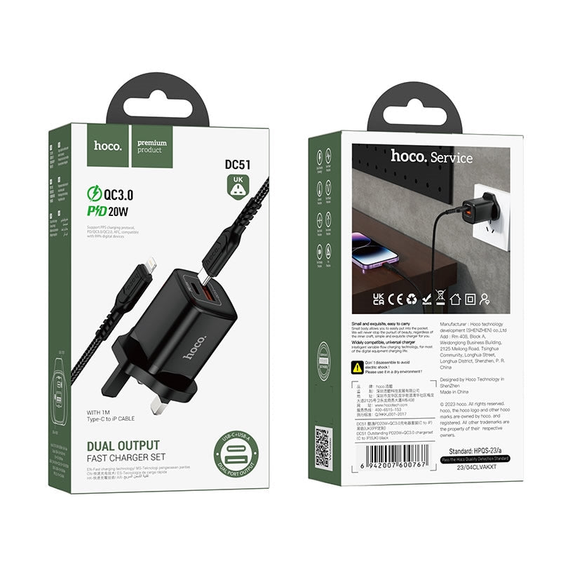 Hoco DC51 Outstanding PD20W+QC3.0 Charger Set(C to iP) Black