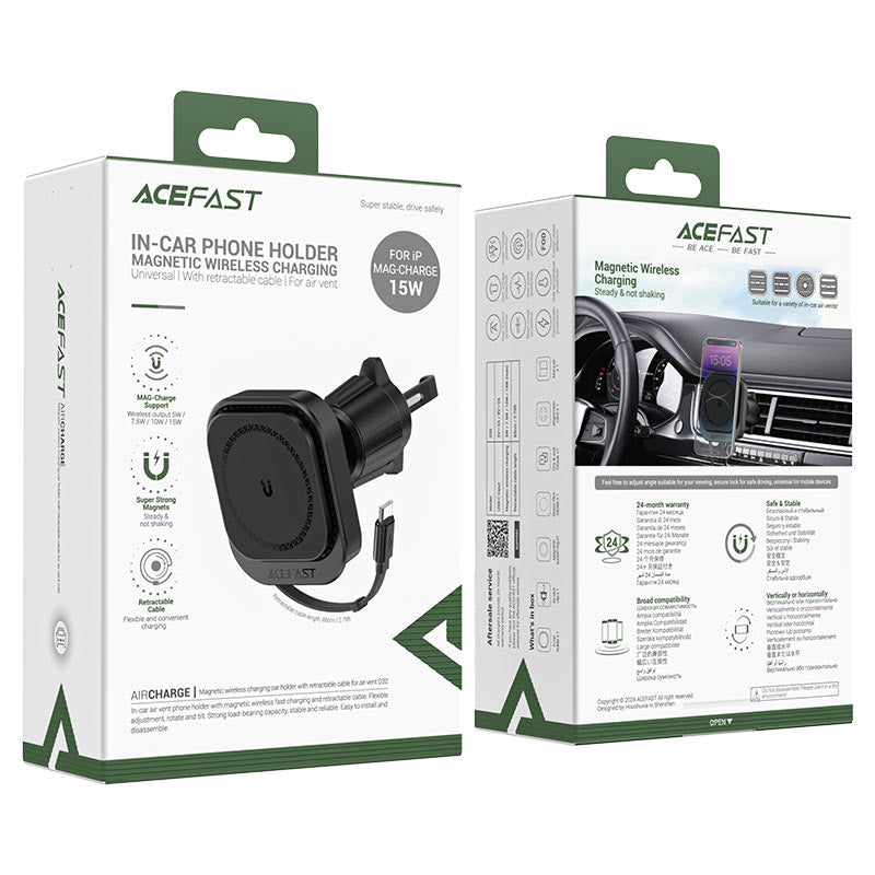 ACEFAST D32 Air Vent Magnetic Magsafe Wireless Charging Car Holder with Retractable USB C Cable Black