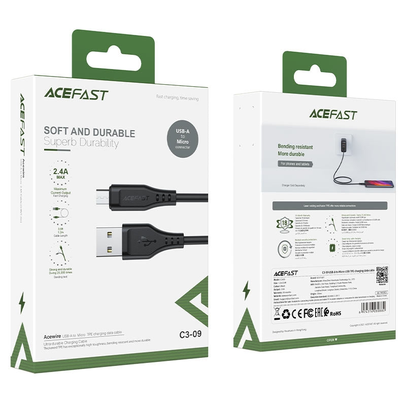 ACEFAST C3-09 (USB-A to Micro) Soft TPE Charging Data Cable Black-www.firsthelptech.ie