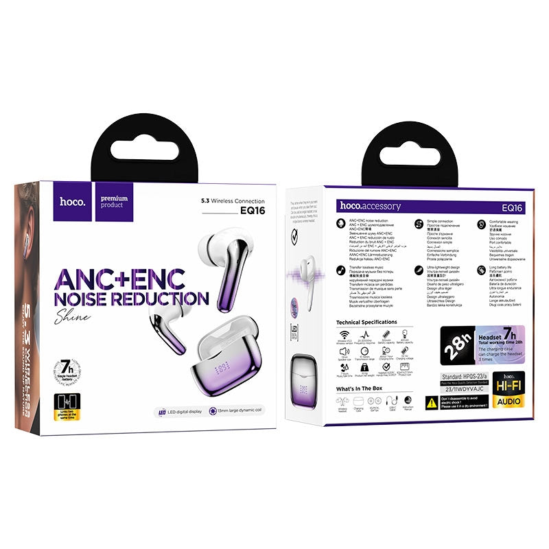 Hoco EQ16 Shine True Wireless ANC+ENC Noise Reduction BT Headset Purple-www.firsthelptech.ie