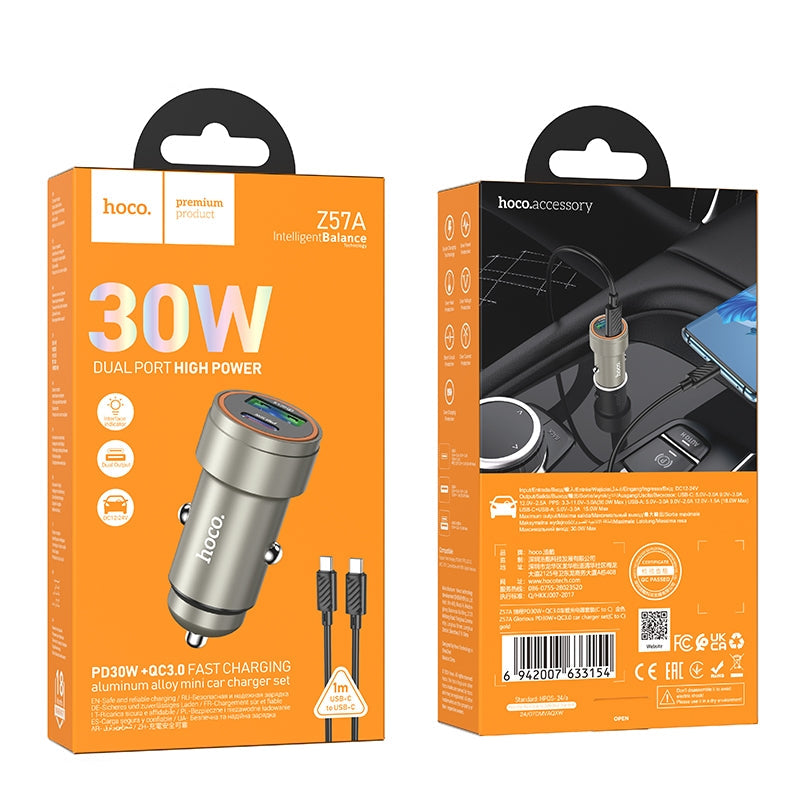 Hoco Z57A Glorious PD30W+QC3.0 Car Charger set (C to iP) Gold