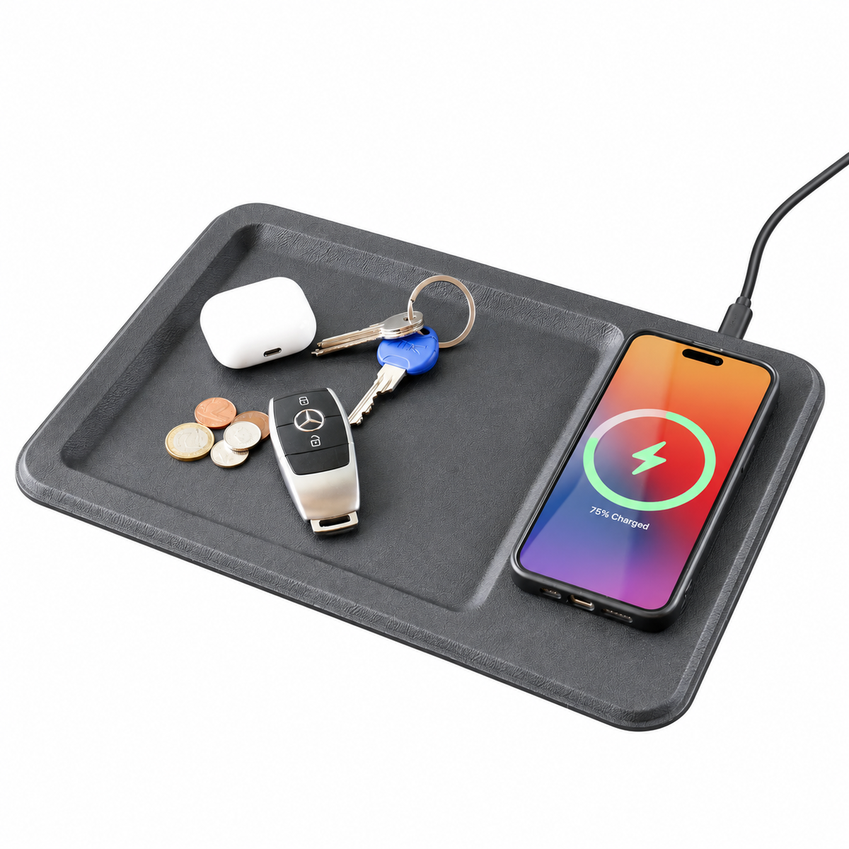 PU Leather Wireless Charging Vanity Tray Black