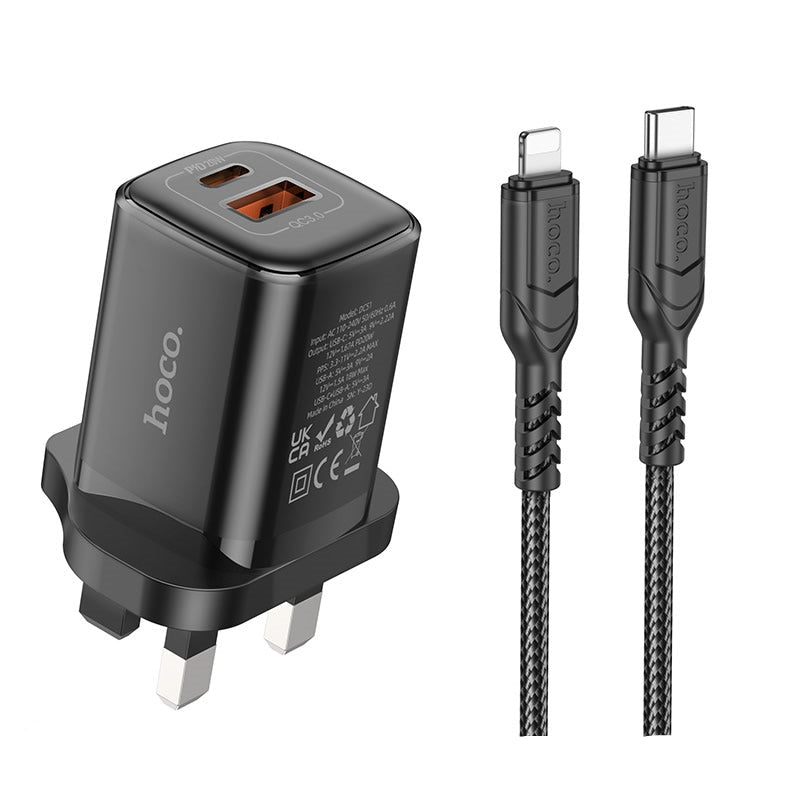 Hoco DC51 Outstanding PD20W+QC3.0 Charger Set(C to iP) Black