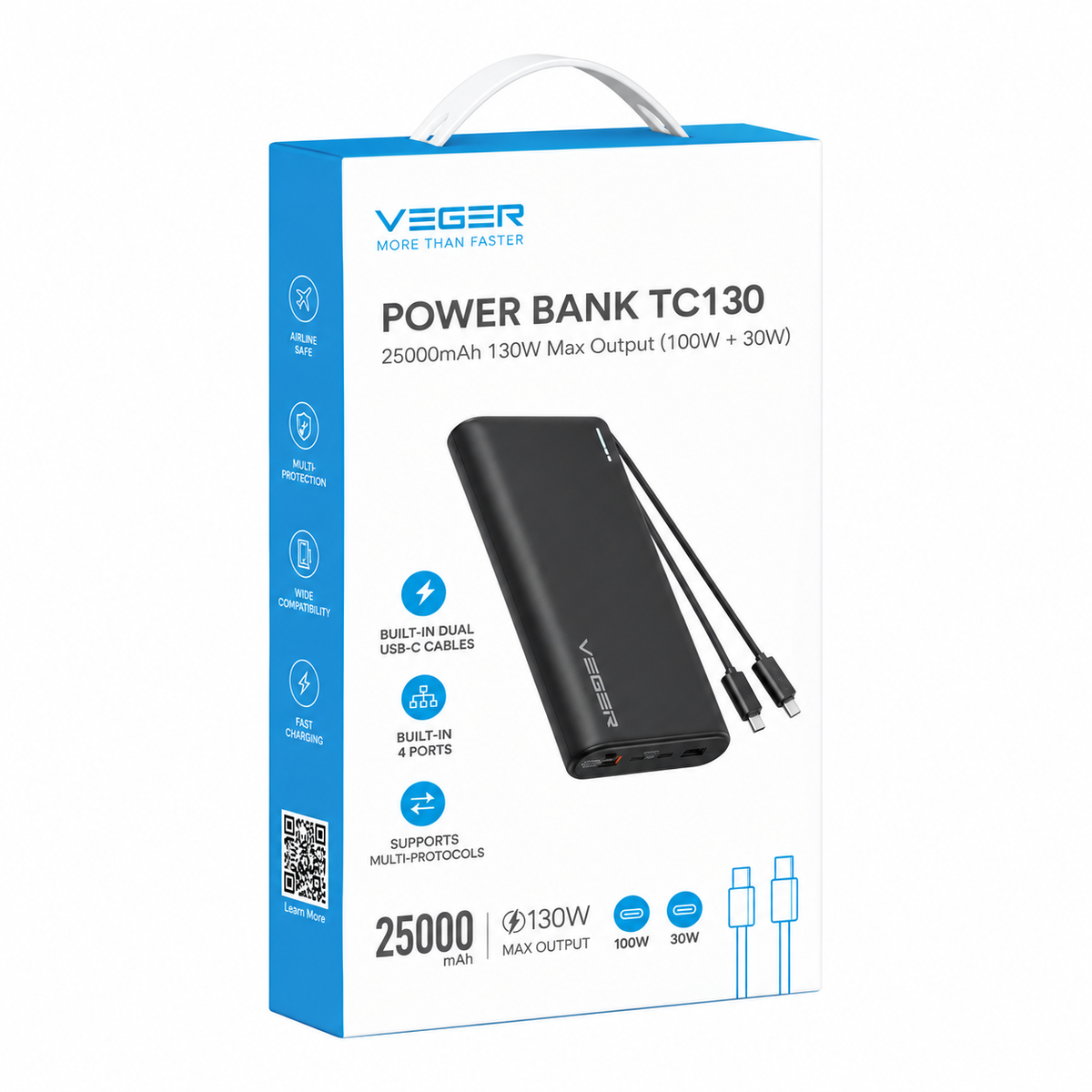 Veger W2503 TCE130 PD 130W 25000mAh Power Bank With Built-in Type-C Cables / Lightning Black