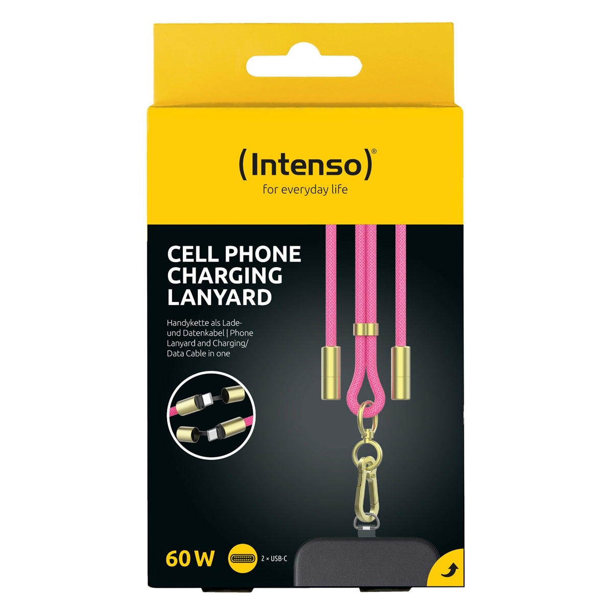 Intenso Nylon USB C-C Cell Phone Charging Lanyard 1.6m 60W Pink