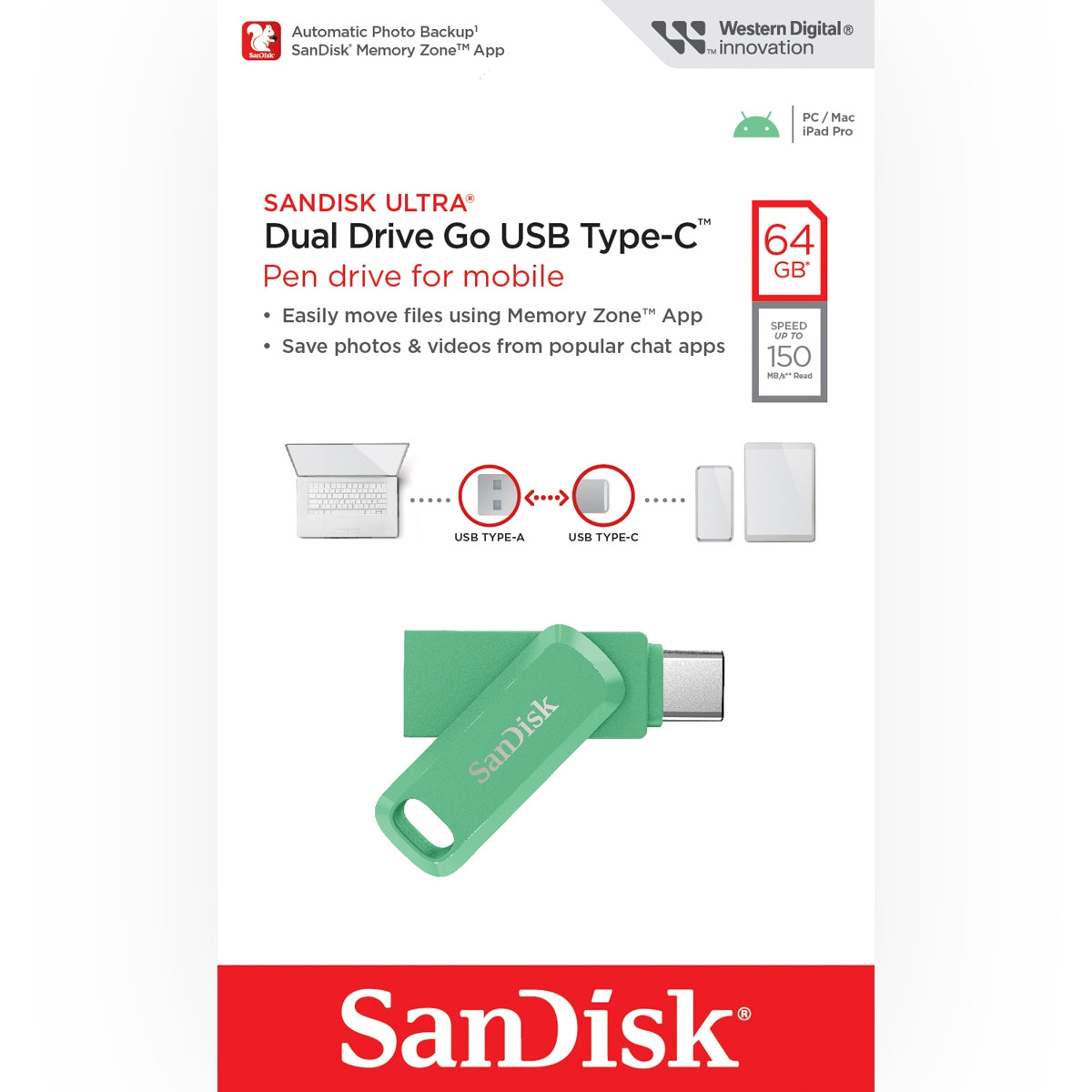 Sandisk Ultra Dual Drive GO USB 3.2 to Type-C 64GB Green