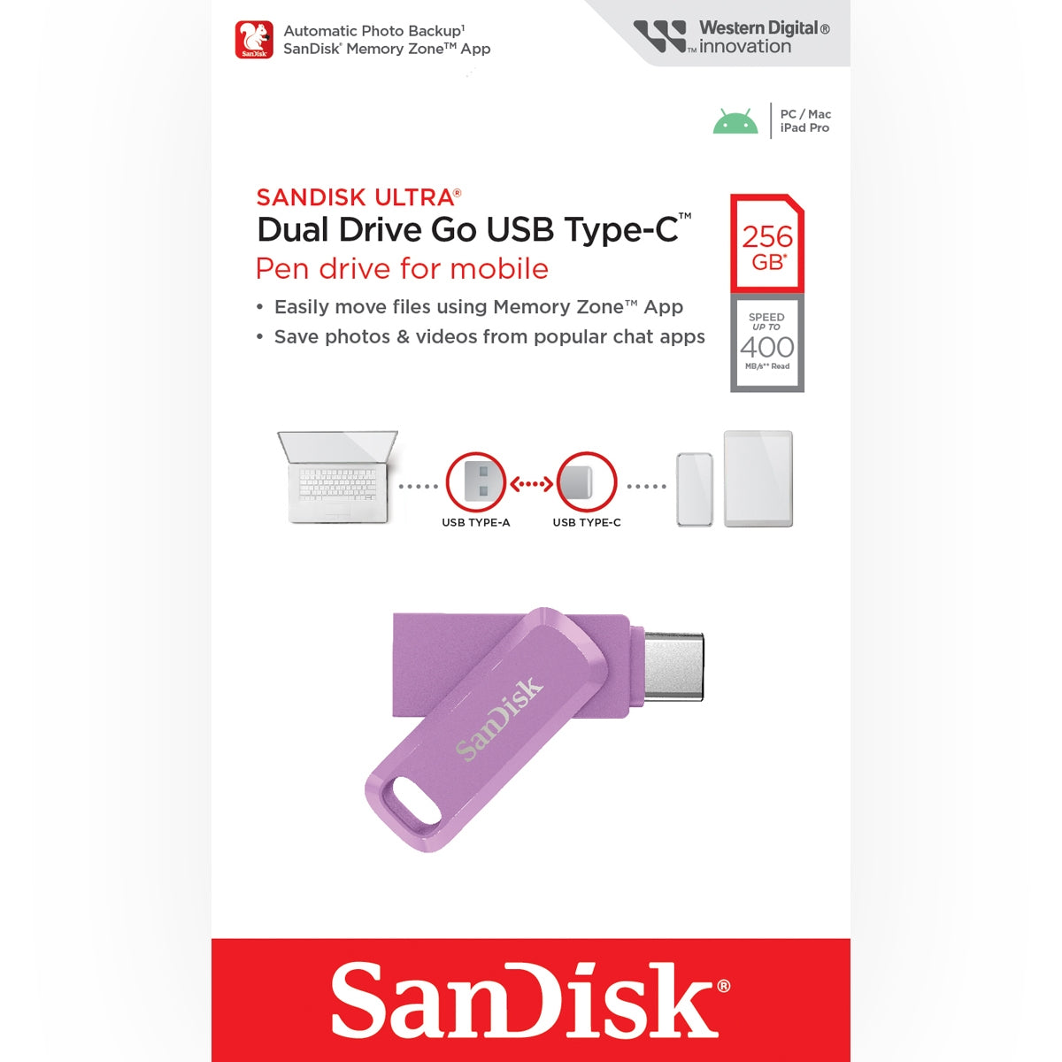 Sandisk Ultra Dual Drive GO USB 3.2 to Type-C 256GB Lavender