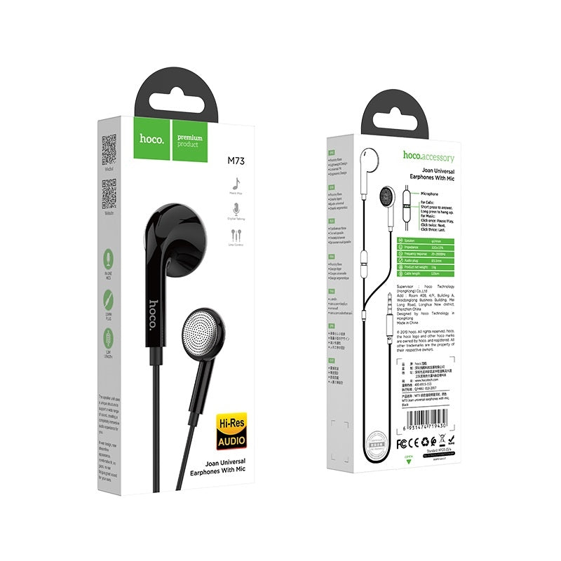 Hoco M73 Joan Universal Lightweight TPE Elastic Cable Earphone 3.5mm Black