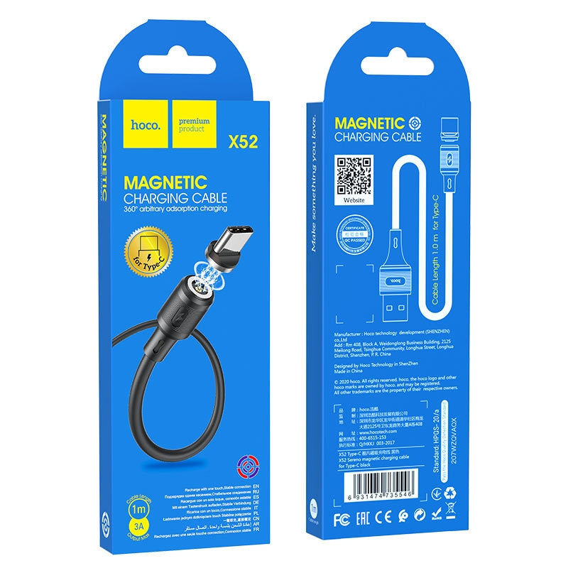 Hoco X52 Sereno Magnetic Type-C Charging Cable 1M Black-www.firsthelptech.ie