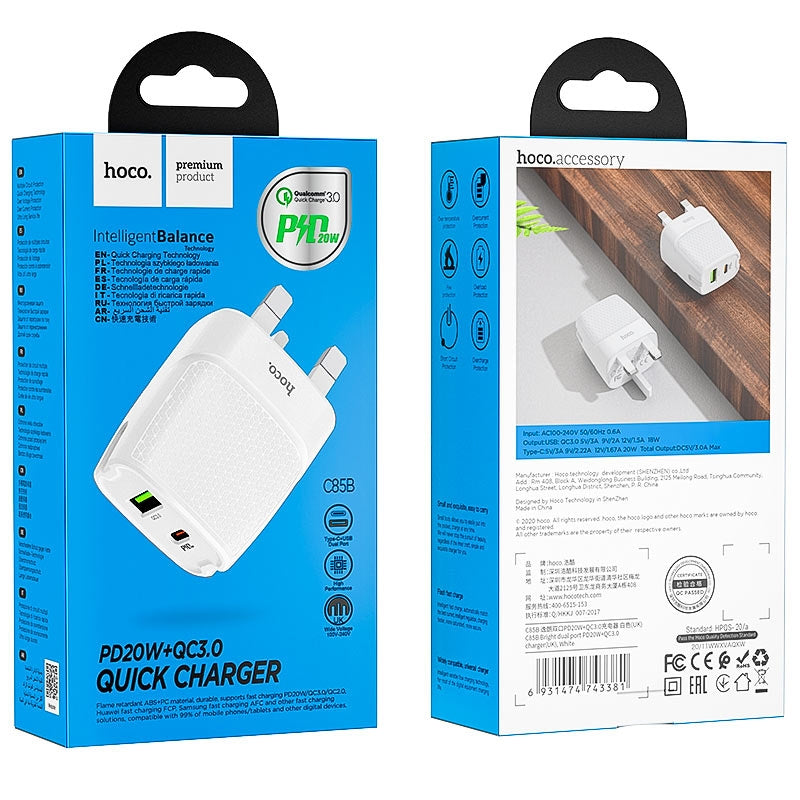 Hoco C85B Dual Port PD+QC Charger 20W White-www.firsthelptech.ie