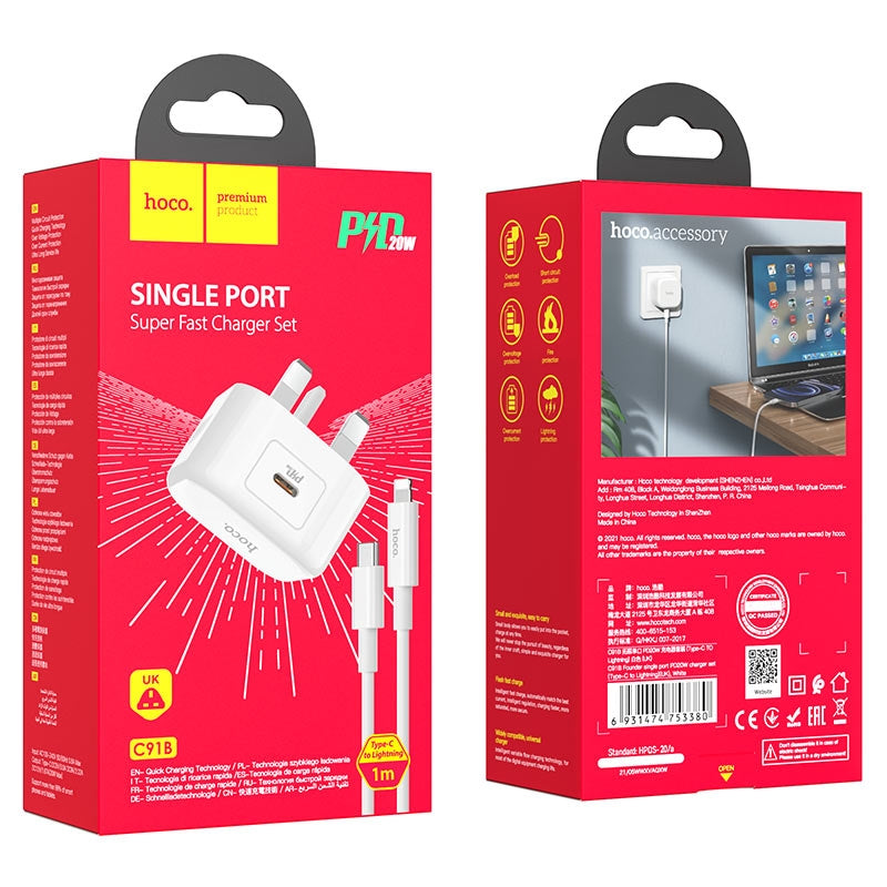 Hoco C91B Founder Single Port PD 20W Type C to Lightning Charger Set-www.firsthelptech.ie