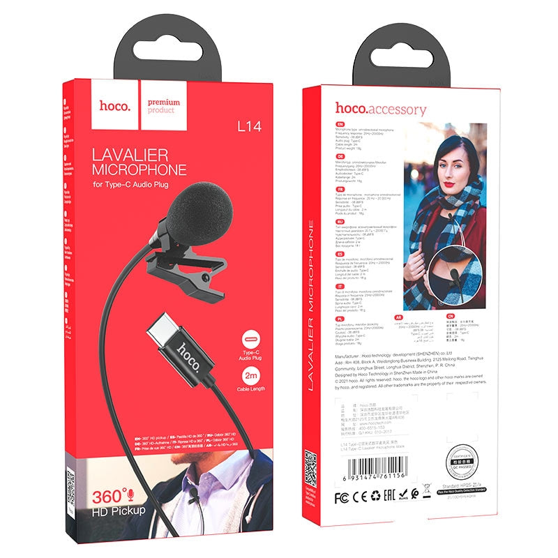 Hoco L14 Lavalier Wired Digital Microphone Type-C Black-www.firsthelptech.ie