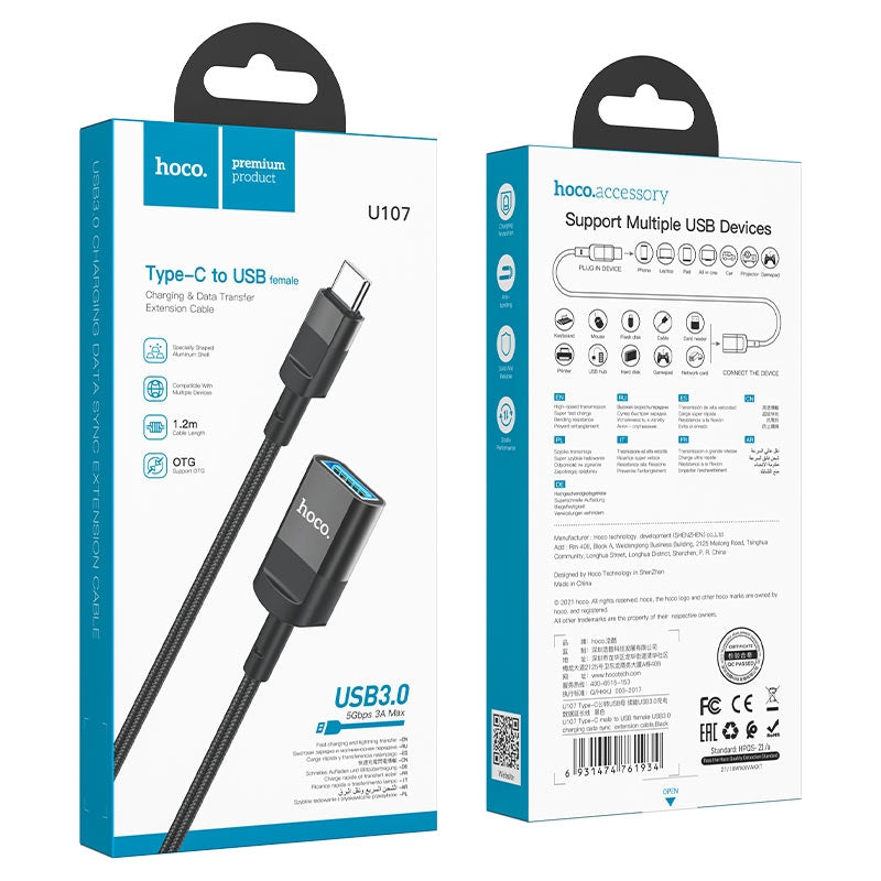 Hoco U107 Type-C Male to USB Female Data Sync Charging Extension Cable Black-www.firsthelptech.ie