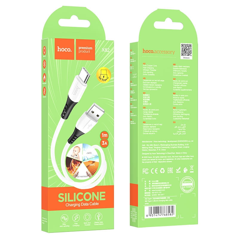 Hoco X82 Type-C Silky Anti-Winding Silicon 3A Fast Charging Cable 1M White-www.firsthelptech.ie