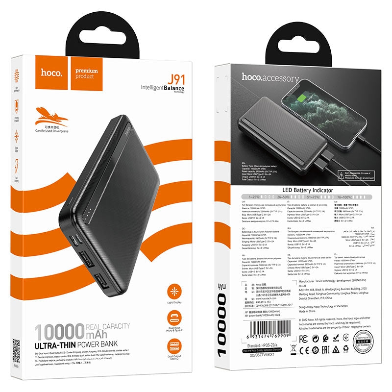 Hoco J91 Dual USB Fast Charging Power Bank 10000 mAh Black